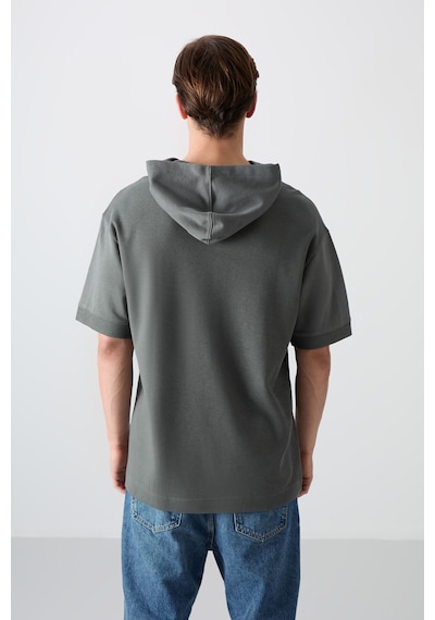 Tommy Life Haki Pamuklu Kalın Yüzeyi Dokulu Oversize Fit Basic Erkek T-shirt - 88335 Haki