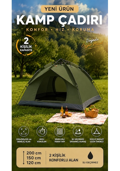 Çadır Tam Otomatik Kamp Çadırı 2 Kişilik 200x150 Cm 3 Saniyede Kurulum Su Geçirmez Geniş Çadır Outdoor Haki