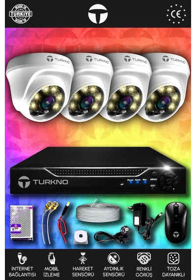 Turkno 4 Kameralı Domie 4 İç Kamera Set HDD'siz Full HD Renkli Gece Görüşlü Güvenlik Kamerası Sistemi