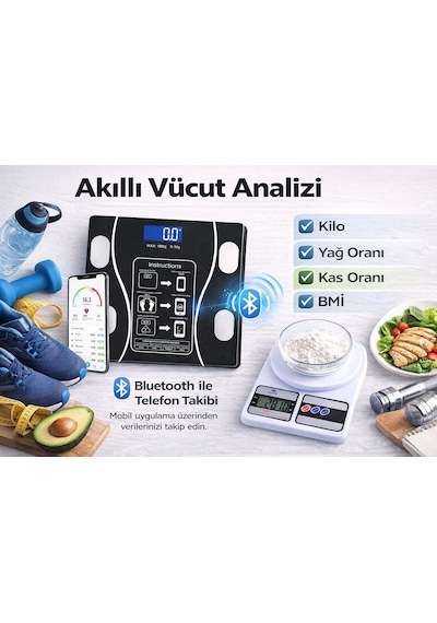 Akıllı Dijital Vücut Tartısı + Hassas Mutfak Tartısı Seti Lcd Ekran 180 Kg / 10 Kg Beyaz