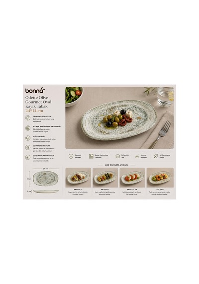 Bonna Odette Olive Gourmet Oval Kayık Tabak, Porselen, İç Mekan Kullanımı İçin, 24x14 Cm Çok Renkli