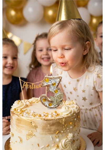 Gold Kelebek Detaylı Taşlı Rakam Mum Doğum Günü Pasta Süsü
