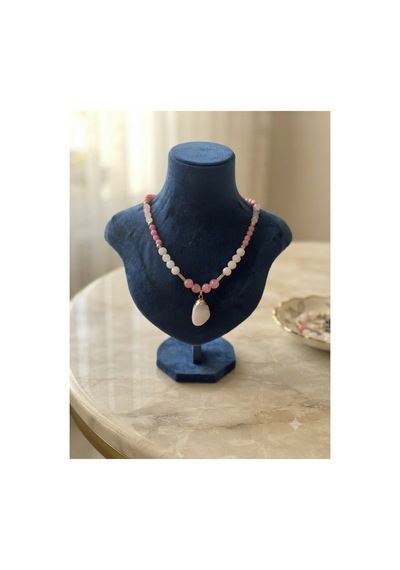 Leyan Doğal Taş 8-10 Mm Pembe Kuvars Taşı Tasarım Kolye Pembe Pembe