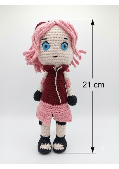 Sakura Haruno / Uchiha Amigurumi Örgü Oyuncak - Anime Hediyelik Figür 21 Cm
