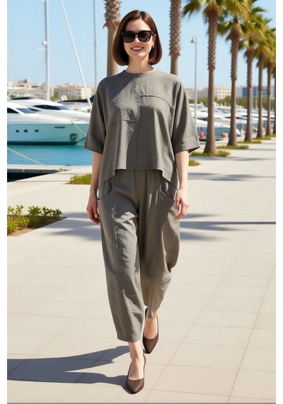 Benerly Kadın Büyük Beden Oversize Bluz Pantolon Takımı %100 Polyester Do Gri