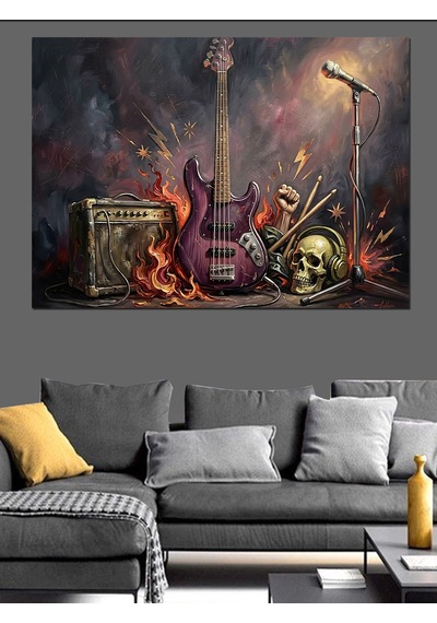 Kurukafa Ve Elektro Gitar Rock Dekoratif Kanvas - Mdf Ahşap Tablo