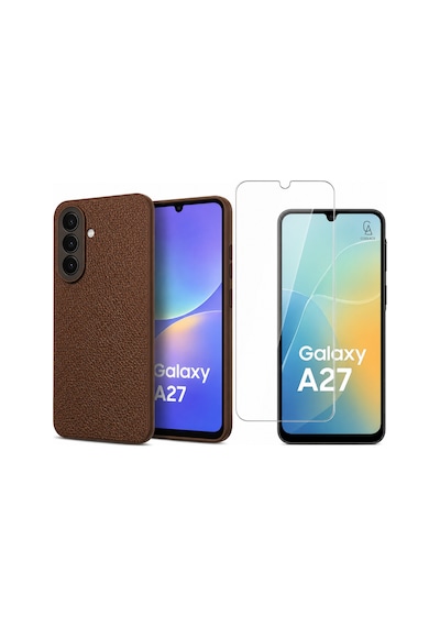 Samsung Galaxy A27 Uyumlu Deri Dokulu Silikon Telefon Kılıfı Ve Şeffaf Temperli Cam Ekran Koruyucu Kahverengi
