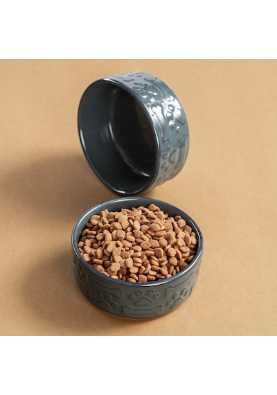 Gri Kedi Köpek Mama Kabı 2li Seramik Kabartmalı Kedi Köpek Mama Ve Su Kabı 13.5 Cm 500ml