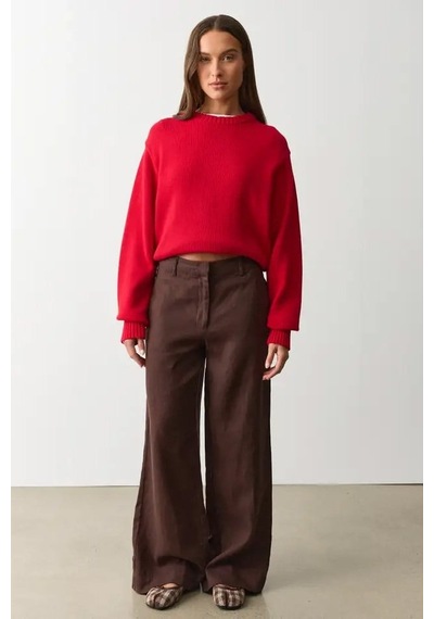 Madmext Kahverengi Yüksek Bel Keten Wide Leg Pantolon Mg2718