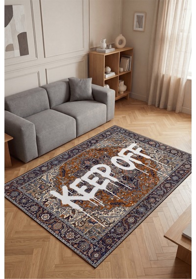 Deira 02 Turuncu Vintage Eskitme Keep Off Yazılı Etnik Motifli Renkli İnce Antre Ofis Ev Oda Halısı