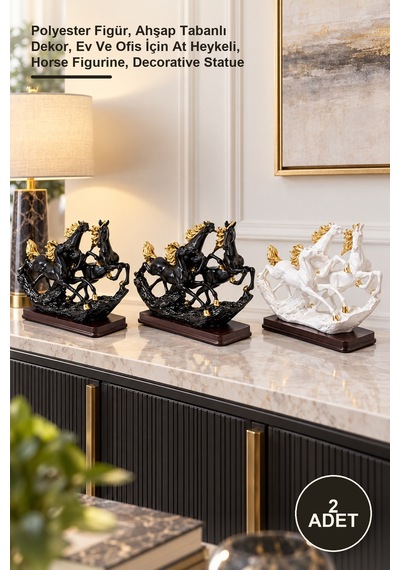 2 Adet Üçlü Şahlanmış At Figürleri Polyester Figür, Ahşap Tabanlı Dekor, Ev Ve Ofis İçin At Heykeli, Horse Figurine, Decorative Statue