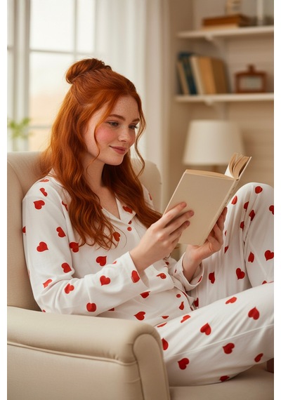 Süet Gömlek Pijama Takımı 7101 Kalpli Kırmızı Beyaz