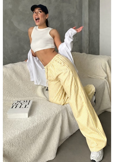 Madmext Sarı Beli Ayarlanabilir Çizgili Cepli Bol Paça Kadın Pantolon Mg2312
