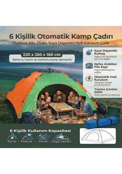 6 Kişilik Otomatik Kurulum Kamp Çadırı Outdoor Aile, Doğa, Suya Dayanıklı Hızlı Kurulum Çadır 220x Çok Renkli