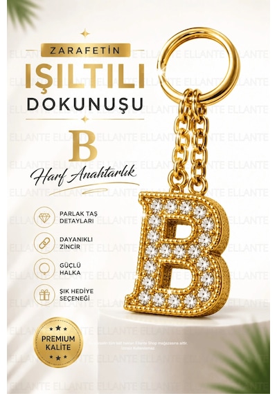 Kişiye Özel Harf Anahtarlık Altın Renk Zirkon Taşlı Şık Çanta Süsü Anahtar Aksesuarı Hediyelik Harf