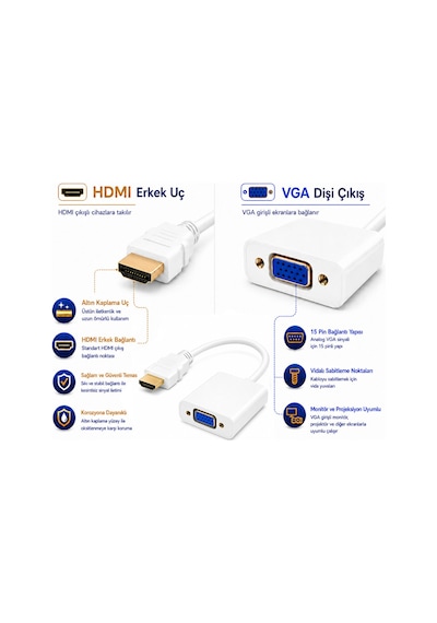 Hdmi To Vga Kablo Çevirici Dönüştürücü Adaptör Görüntü Aktarıcı - Beyaz