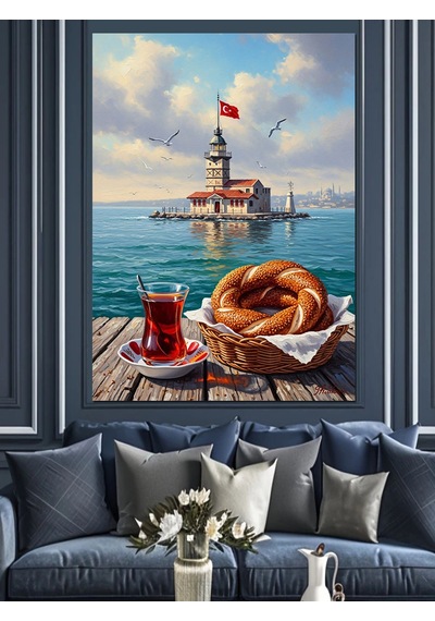 İstanbul Kız Kulesi Çay Simit Dekoratif Kanvas - Mdf Ahşap Tablo