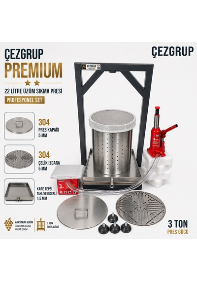 Çezgrup Premium 22 Litre Paslanmaz Çelik Üzüm Sıkma Presi 3 Ton Krikolu 304 Çelik Sepetli Gümüş
