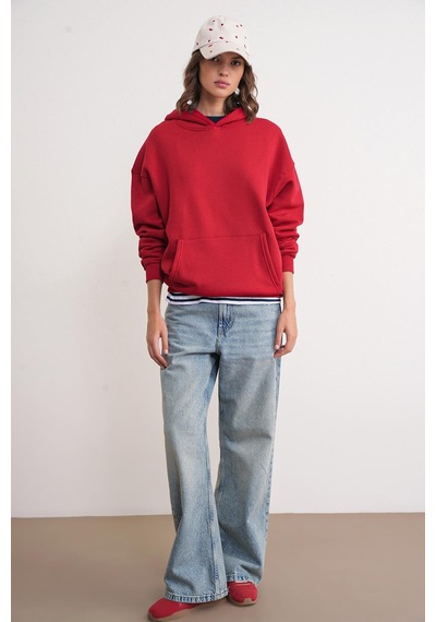 Mixray 2022 Unisex 3iplik Basic Polarlı Kapüşonlu Sweatshirt Hoodie Kırmızı Kırmızı