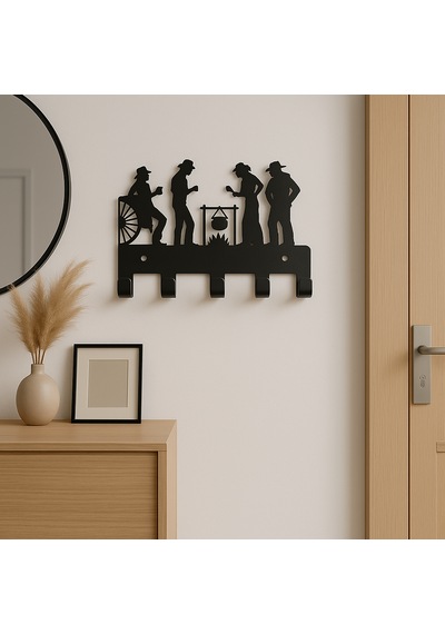 Lunoart Modern Kovboy Silüetli Metal Anahtarlık 5 Askılı Siyah Dekoratif Organizer Siyah