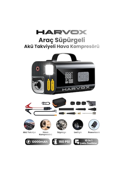 Harvox Jump Starter Akü Takviye Cihazı 10 İn 1 Powerbank, Hava Kompresörü, Lcd Ekran,12.000mah