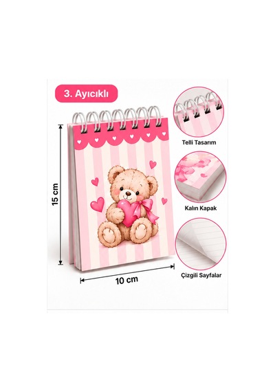 Ayıcıklı Model 15 10 Cm Spiralli Bloknot 40 Yaprak-80 Sayfa Çok Renkli