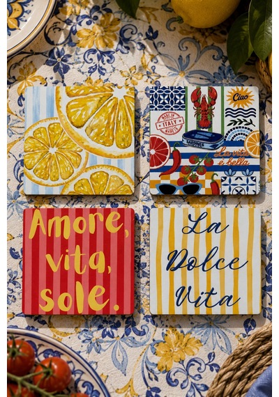 Kare La Dolce Vita Bardak Altlığı 4'lü Set Sicilya Temalı - 9 Cm, 3 Mm Mdf, Uv Baskı, Dekoratif Ba Çok Renkli