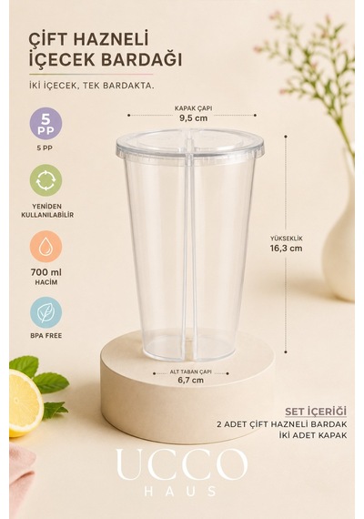 Çift Hazneli 2'li Set Pinterest İçecek Bardağı 700 Ml 350+350 Ml - Limonata Kola Kokteyl Soğuk Kahve Meşrubat Bardağı Şeffaf