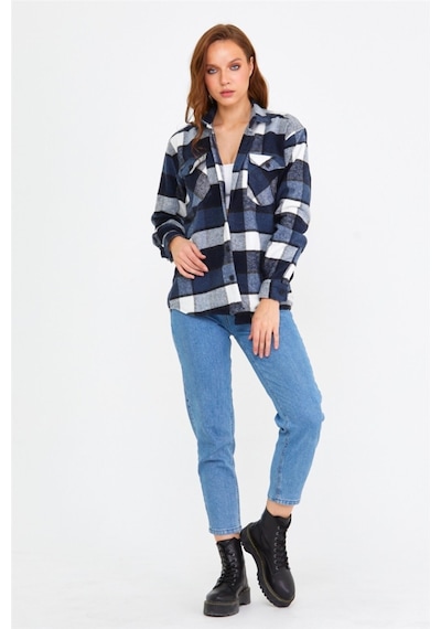 Tarz Cool Kadın Mavi Slim Fit Cepli Ekoseli Oduncu Gömlek-kkkodg001r01s Mavi
