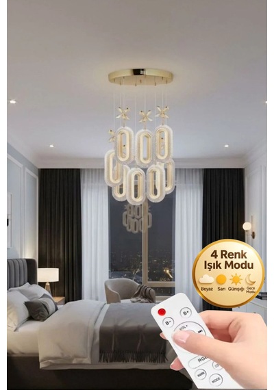 LumiaLighting Eclipse Model 8'li Gold Kumandalı 3 Renk Modu Ledli Kristal Taşlı Modern Salon Mutfak Oturma Odası Led Avize Altın