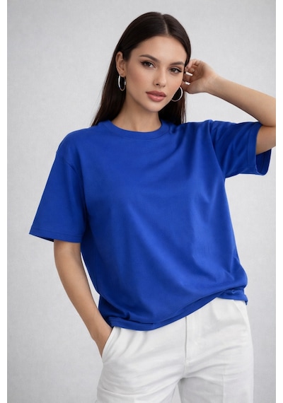 Kadın Saks Mavi %100 Pamuk Oversize Basic Tişört Rahat Kalıp Relaxed Bisiklet Yaka T-shirt Saks Mavi