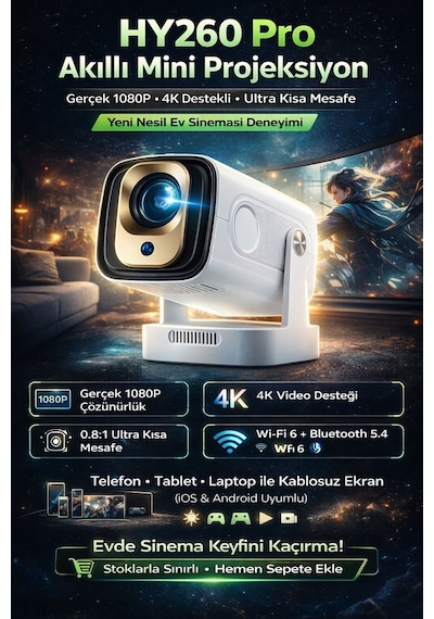 1080p Ev Sineması Projektörü Wifi 6 Otomatik Odaklam Mini Projeksiyon Cihazı Dahili Hoparlör