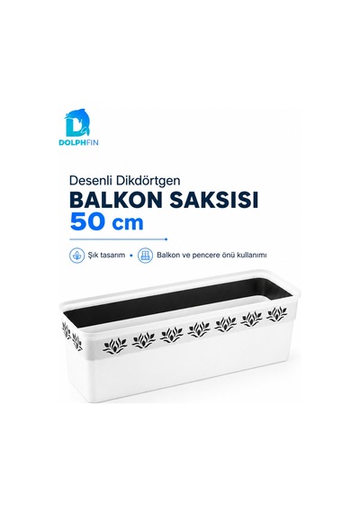 Desenli Dikdörtgen Balkon Saksısı 50 Cm 49x16x14,5 Cm Pp Plastik Çiçek Saksısı