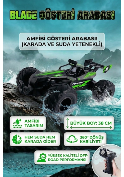 Uzaktan Kumandalı Şarjlı Amfibi Off-road Oyuncak Araba Büyük Boy 38 Cm Suda Ve Karada Giden Yeşil