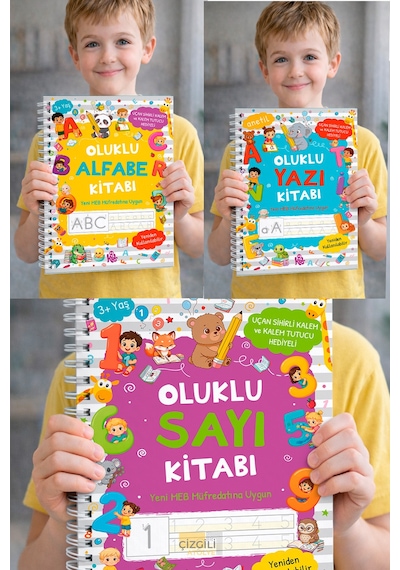 Oluklu Kitaplar 3 Lü Set - Alfabe Sayı Yazı - Yaz Sil Eğitim Kitabı - Sihirli Kalemli Okul Öncesi