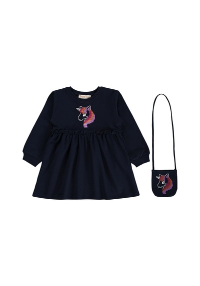 Silversun Kids Silversun Unicorn Baskılı Çantalı 2-7 Yaş Elbise - Lacivert