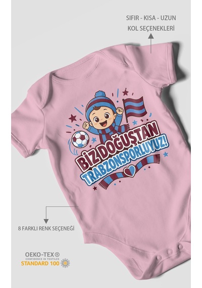Morivokids Biz Doğuştan Trabzonsporluyum Kısa Kollu Bebek Body %100 Pamuk Koyu Pembe