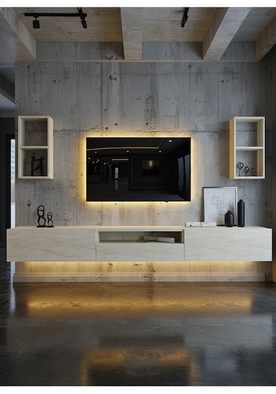 Resital Duvara Monte Ledli 270 Cm Tv Ünitesi Duvar Raflı - Ll6032 Traverten