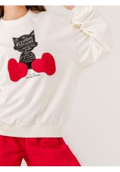 Kız Çocuk Kedi Baskılı Tasarım 2 İplik Sweatshirt-14214 Ekru