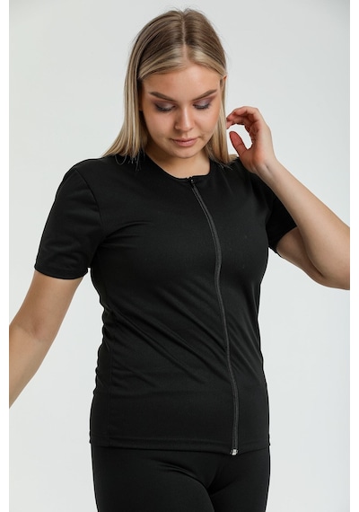Fit Women Termal Vücut Sauna Kısa Kollu Fermuarlı Korse 4414 Açık Siyah