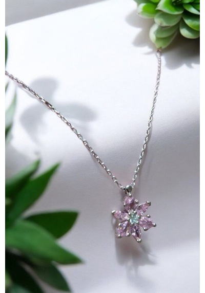 Modagümüşevi 925 Ayar Gümüş Pembe Taşlı Lotus Kolye, Gümüş Kadın Kolye, Lotus Çiçeği Kolye