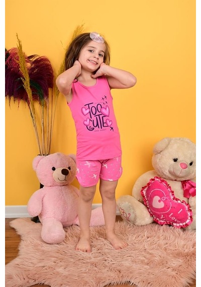 Kız Çocuk Askılı Pijama Takımı Too Cute Koyu Pembe Pembe