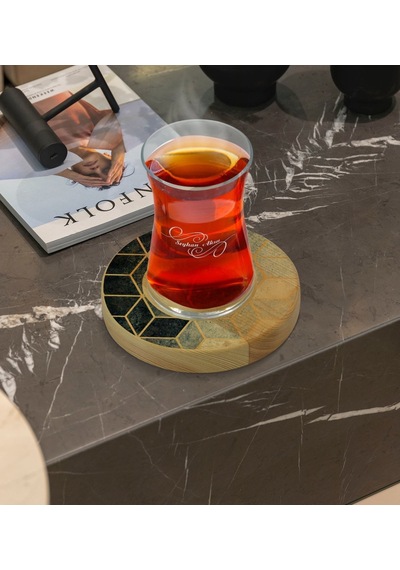 Kişiye Özel Mermer Tasarımlı Doğal Ahşap Tabaklı Heybeli Çay Bardağı Model 6