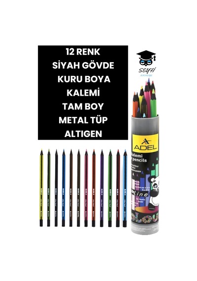 Türk Malı 12 Renk Kuru Boya Kalemi Metal Tüp Altıgen Siyah Gövde Çok Renkli