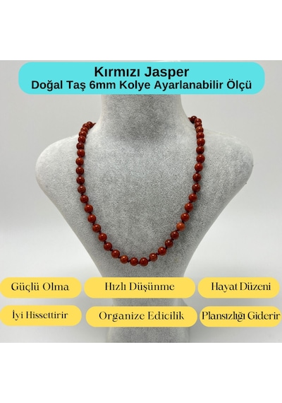 Yıldız Doğal Taş Kırmızı Jasper Doğal Taş 6 MM Makrome Kolye 45 CM - 55 CM Ayarlanabilir Kırmızı