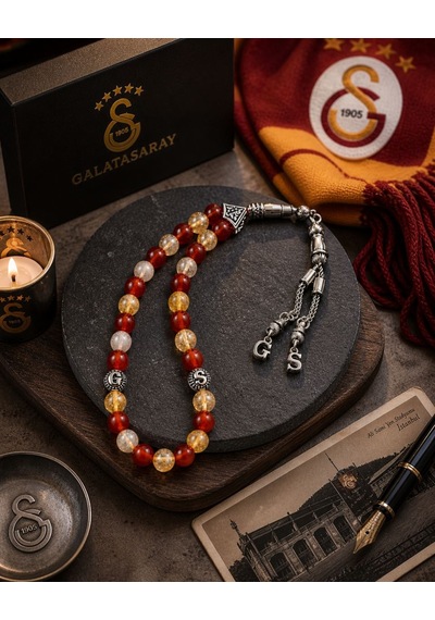 Galatasaray Renklerinde Akik & Sitrin Doğaltaş Tesbih Sarı - Kırmızı
