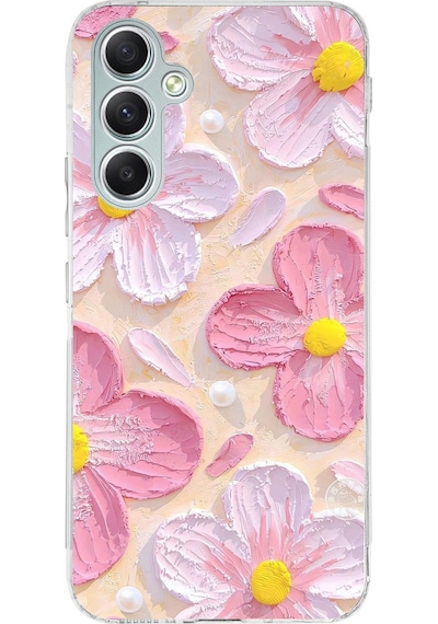 Samsung Galaxy A34 Uyumlu Pembe Beyaz Çiçekler Sulu Boya Baskılı Silikon Kılıf Renkli