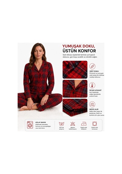 Westicgiyim Kadın Süet Pijama Takımı Kırmızı Ekose Desenli Uzun Kollu Düğmeli Yumuşak Dokulu Kışlık S/m-2xl
