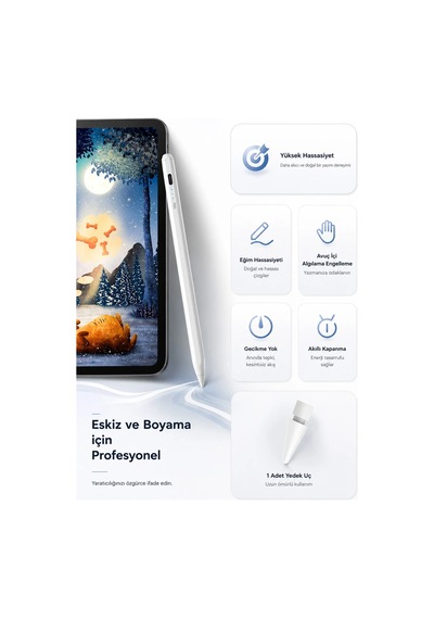 Exenar - Beyaz - İpad Uyumlu Tablet Kalemi Manyetik Stylus Pen Eğim Sensörlü Avuç İçi Engelleme Usb-c Şarjlı 1 Yedek Uç