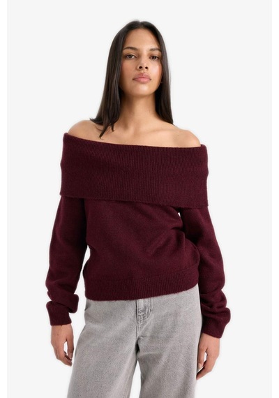Defacto Regular Fit Omuzu Açık Kazak F3029ax25wnbr285 Bordo